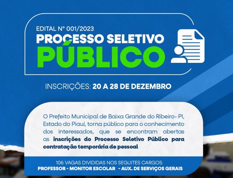 Prefeitura abre Processo Seletivo para os cargos de Professor, Monitor Escolar e Aux. de Serviços Gerais