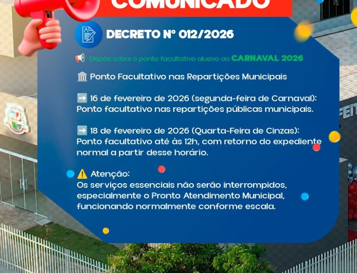 Comunicado Oficial: Ponto Facultativo no Carnaval 2026