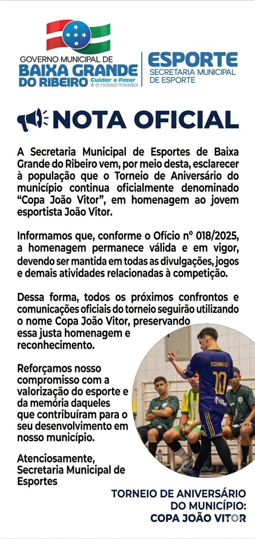 Nota Oficial: Torneio de Aniversário do Município segue com o nome Copa João Vitor