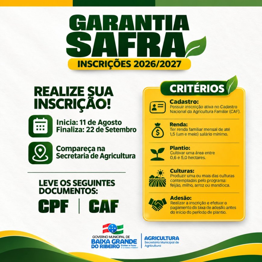 GARANTIA SAFRA 2026/2027: INSCRIÇÕES ABERTAS!